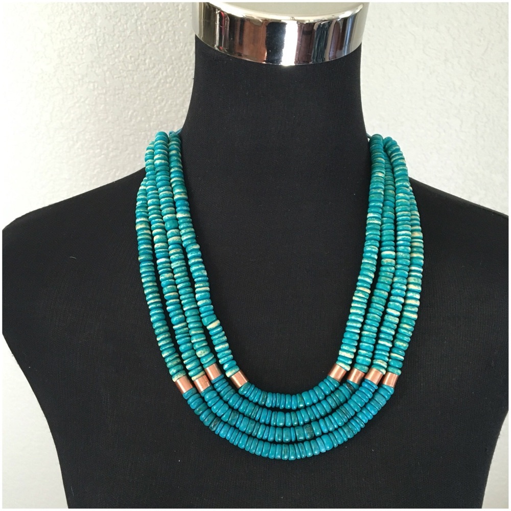 Turquoise Color Wood Bronze Accent Layer Necklace